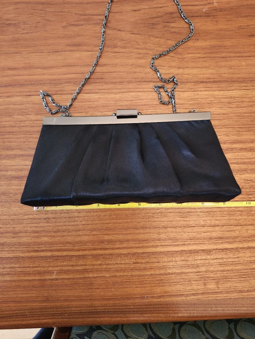 Gunne Sax Pleated Black Satin Clutch With Tuck-In Chain Strap